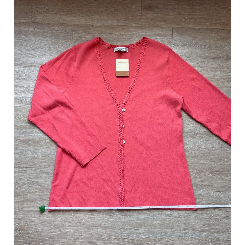Coldwater Creek Cardigan Sweater Womens Medium Coral Rayon Crochet Trim V-Neck
